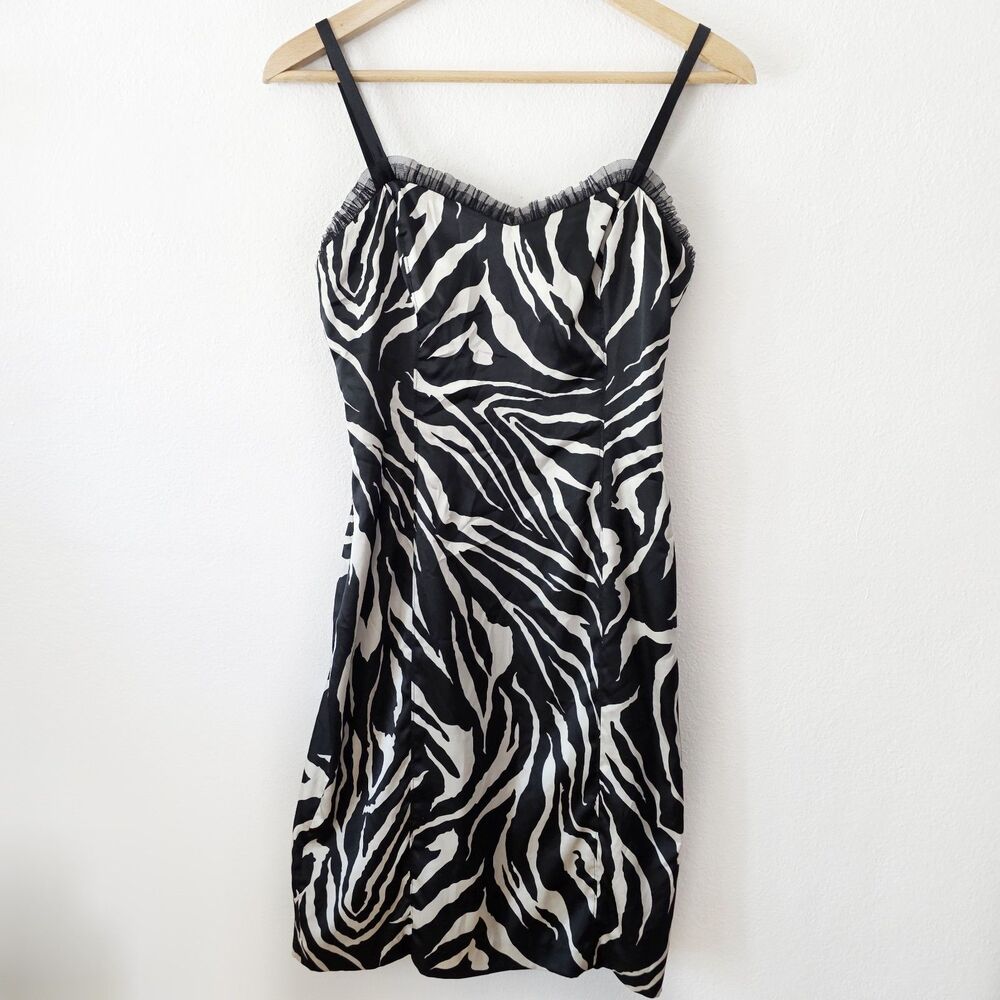 Nine West Zebra Print Mesh Mini Dress 4 Y2K 90s Grunge Tulle Trim Animal Print